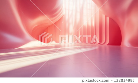 Pink room with a white floor and pink walls. The room is very open and has a lot of light coming in from the windows. The room is very spacious and has a very modern feel to it 122834995