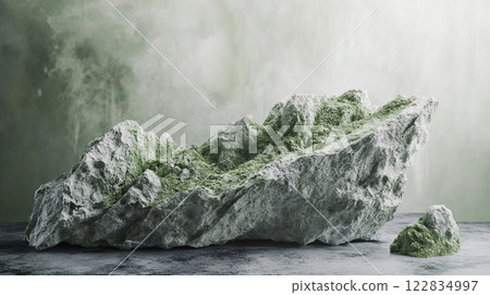 Large rock with green moss on it sits on a concrete surface. The rock appears to be a part of a sculpture or a piece of art, as it is not a natural formation. The moss adds a touch of life 122834997