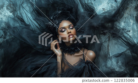 Woman in a black dress with her hands on her hips. The dress is black and the woman is wearing a necklace Woman in a black dress with her hands on her hips. The dress is black and the woman is wearing a necklace 122835006