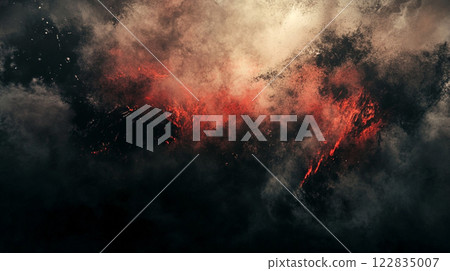 Dark, ominous background with a few red streaks scattered throughout. The red and black colors dominate the scene, creating a sense of foreboding and unease 122835007