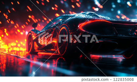 Car is driving down a wet road with a bright red light on the back. The car is surrounded by a bright blue and red background Car is driving down a wet road with a bright red light on the back. The car is surrounded by a bright blue and red background 122835008