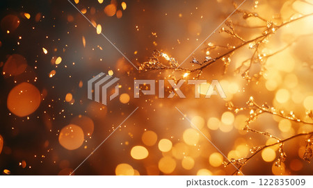 Blurry orange background with a tree branch in the foreground. The background is filled with bright orange and yellow colors, creating a warm and inviting atmosphere 122835009
