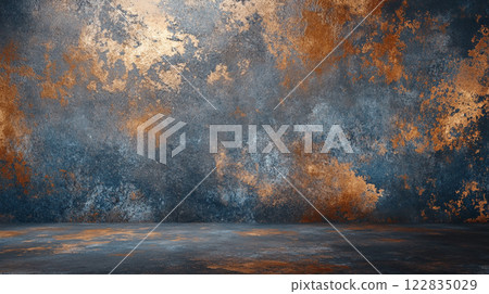 Wall with a lot of texture and a blue background. The wall is covered in a lot of different colors and textures, giving it a very interesting and unique appearance. Scene is one of creativity 122835029