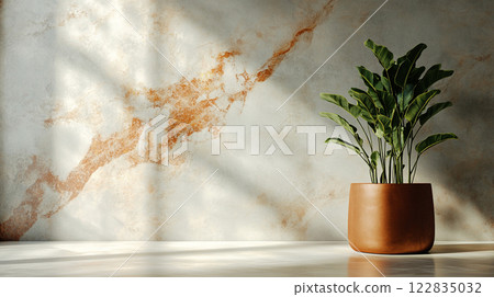 Potted plant sits in front of a white wall. The plant is green and has a brown pot. The wall is white and has a marble texture. The sunlight is shining on the plant, making it look vibrant Potted plant sits in front of a white wall. The plant is green and has a brown pot. The wall is white and has a marble texture. The sunlight is shining on the plant, making it look vibrant 122835032