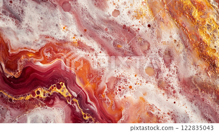 Red and white swirl pattern with a lot of bubbles. The bubbles are in different sizes and are scattered throughout the image. Scene is playful and fun 122835043