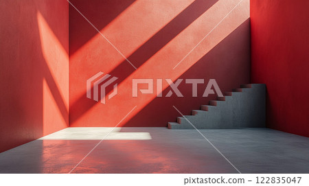 Red room with a staircase and a window. The room is empty and the light is shining on the wall Red room with a staircase and a window. The room is empty and the light is shining on the wall 122835047