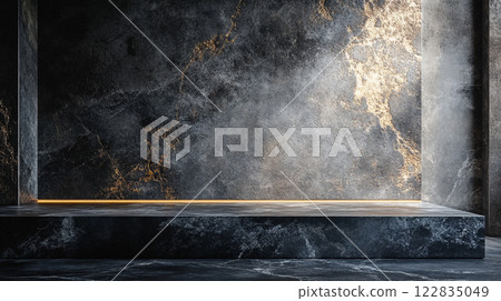 Black and gold wall with a gold border. The wall is made of stone and has a gold border Black and gold wall with a gold border. The wall is made of stone and has a gold border 122835049