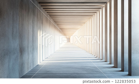 Long, empty hallway with white pillars. The pillars are tall and spaced evenly apart. The hallway is very long and seems to go on forever Long, empty hallway with white pillars. The pillars are tall and spaced evenly apart. The hallway is very long and seems to go on forever 122835053