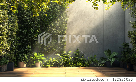 Lush green garden with a wooden deck and a wall in the background. The garden is filled with various plants and flowers, including a few potted plants. The sunlight is shining on the plants 122835056