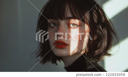 Woman with short hair and red lipstick is standing in front of a white wall. The image has a bold and confident mood, with the woman's striking features 122835059