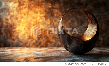 Large, round object sits on a table. The object is made of metal and has a unique, circular shape. The table is surrounded by a wall, and the room has a warm, orange glow 122835067
