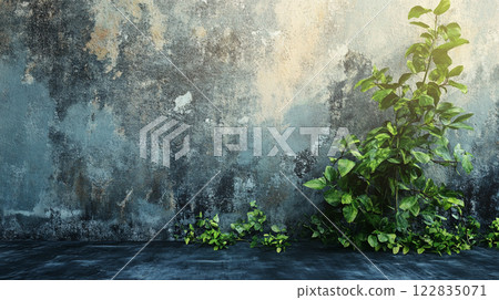 Plant is growing in a crack in a wall. The plant is green and he is struggling to survive. The wall is grey and has a rough texture. Concept of resilience and hope 122835071