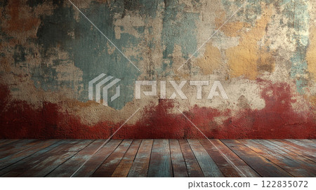 Wall with a red and blue paint splatter. The wall is empty and has a wooden floor Wall with a red and blue paint splatter. The wall is empty and has a wooden floor 122835072