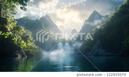 Beautiful mountain landscape with a waterfall and a lake. The sky is cloudy and the sun is shining through the clouds Beautiful mountain landscape with a waterfall and a lake. The sky is cloudy and the sun is shining through the clouds 122835074