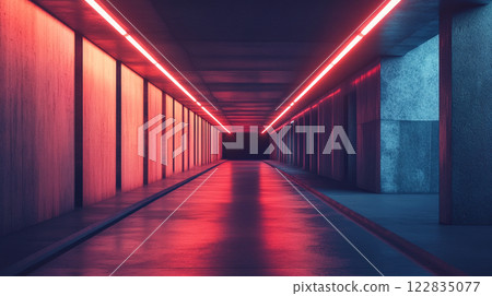 Long, empty tunnel with red lights on the ceiling. The tunnel is dark and the lights are bright, creating a sense of mystery and excitement Long, empty tunnel with red lights on the ceiling. The tunnel is dark and the lights are bright, creating a sense of mystery and excitement 122835077