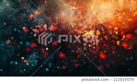 Painting of a field of flowers with a dark background. The flowers are red and the background is blue 122835079