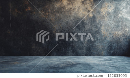 Large, empty room with a wall that is covered in a textured, rough surface. The wall is painted in a dark color, giving the room a somber and moody atmosphere. The room appears to be a blank canvas 122835093