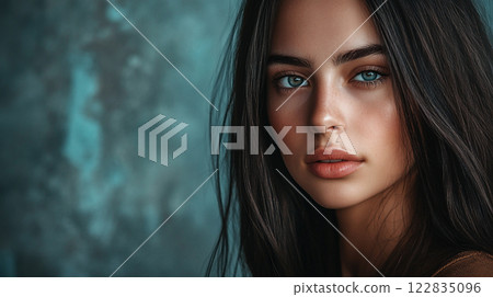 Woman with long dark hair and blue eyes. She has a nice smile and is looking directly at the camera 122835096