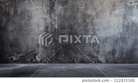 Large, empty wall with a lot of cracks and holes. The wall is made of concrete and has a rough texture. The space is open and empty, with no furniture or decorations. Scene is somewhat bleak 122835100