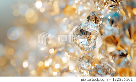 Close up of a bunch of diamonds and gold. The diamonds are scattered around the gold, creating a beautiful and luxurious look. Concept of opulence and wealth, as well as the beauty 122835101