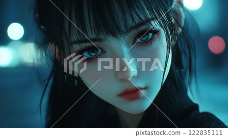 Woman with long black hair and blue eyes is staring at the camera. The image has a dark and moody atmosphere, with the woman's gaze seemingly piercing through the viewer 122835111