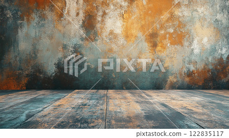 Wall with a lot of paint splatters and a wooden floor. Scene is somewhat chaotic and messy Wall with a lot of paint splatters and a wooden floor. Scene is somewhat chaotic and messy 122835117