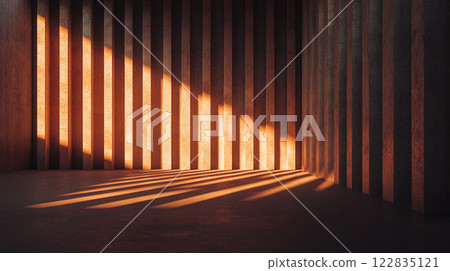 Room with a wall of brown stripes and a window that lets in sunlight. The room is empty and the light is creating shadows on the wall 122835121
