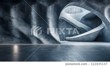 Large, curved staircase is the main focus of the image. The staircase is surrounded by a large, empty room with a concrete wall. The room appears to be a modern, minimalist space with a clean 122835137