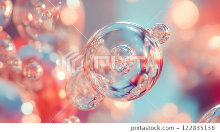 Close up of a bunch of bubbles with a pinkish hue. The bubbles are floating in the air and appear to be scattered around. The image has a playful and whimsical mood 122835138