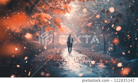 Man is walking down a path in the woods. The leaves are falling and the ground is wet. The scene is peaceful and serene Man is walking down a path in the woods. The leaves are falling and the ground is wet. The scene is peaceful and serene 122835147