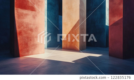 Room with three pillars of different colors. The room is empty and the pillars are the only objects in it 122835176