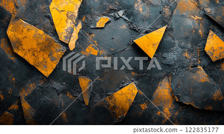 Broken piece of something with a yellow and black color. The broken piece is in a pattern of triangles 122835177
