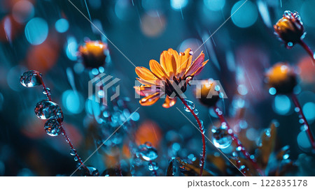 Close up of a flower with raindrops on it. The flower is surrounded by other flowers and the raindrops create a sense of movement and life Close up of a flower with raindrops on it. The flower is surrounded by other flowers and the raindrops create a sense of movement and life 122835178