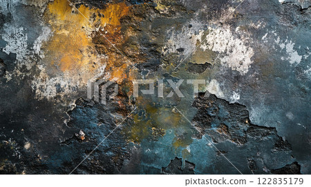 Wall with a lot of cracks and peeling paint. The wall is covered in a variety of colors, including blue, yellow, and white. Scene is somewhat chaotic and disorganized 122835179