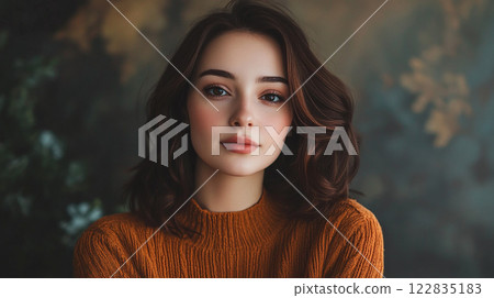 Woman with brown hair and a red sweater is smiling. She has a light pink lip color 122835183