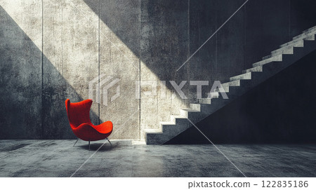 Red chair is sitting in front of a wall with a staircase. The chair is the only piece of furniture in the room. The room is empty and has a minimalist feel to it Red chair is sitting in front of a wall with a staircase. The chair is the only piece of furniture in the room. The room is empty and has a minimalist feel to it 122835186
