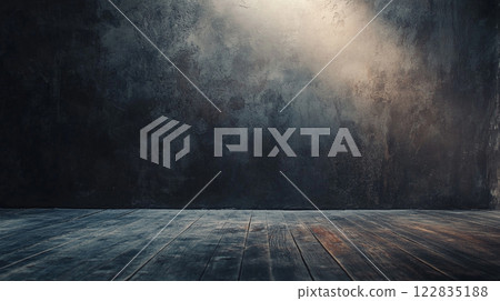 Dark room with a wooden floor and a wall. The room is empty and has a moody atmosphere 122835188