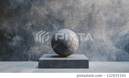 Large stone egg is sitting on a pedestal in front of a wall. The egg is surrounded by a grey and white background, giving the impression of a stone sculpture. The egg is the focal point of the image 122835191
