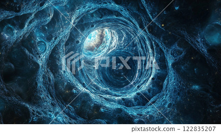 Blue and white spiral galaxy with a blue hole in the middle. The spiral galaxy is surrounded by a blue and white swirl of water 122835207