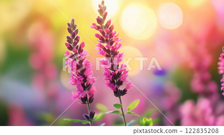 Two pink flowers are in a field of flowers. The flowers are in the foreground and the background is a mix of pink and green Two pink flowers are in a field of flowers. The flowers are in the foreground and the background is a mix of pink and green 122835208