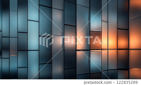 Wall made of metal panels with a blue and orange color scheme. The wall is illuminated by light, creating a warm and inviting atmosphere 122835209