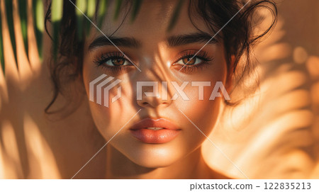 Woman with brown hair and brown eyes is wearing makeup. She is standing in front of a palm tree Woman with brown hair and brown eyes is wearing makeup. She is standing in front of a palm tree 122835213