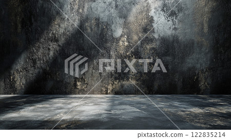 Dark room with a wall covered in graffiti and a large empty space. The room is dimly lit, with only a few rays of light shining through the cracks in the wall. Scene is one of emptiness and decay Dark room with a wall covered in graffiti and a large empty space. The room is dimly lit, with only a few rays of light shining through the cracks in the wall. Scene is one of emptiness and decay 122835214