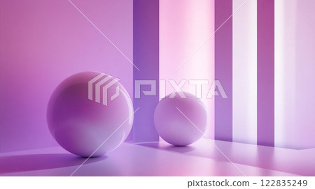 Two white spheres are placed in a room with pink walls. The room has a modern and minimalist design 122835249