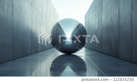 Large sphere is floating in a long, narrow hallway. The reflection of the sphere can be seen in the water. The scene is serene and peaceful, with the sphere appearing to be floating effortlessly 122835250