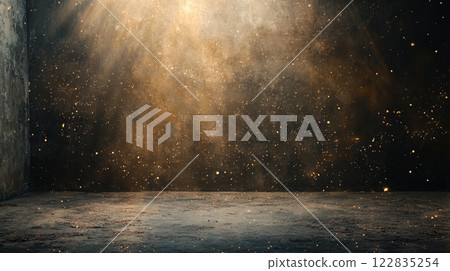 Dark room with a lot of dust and a lot of light shining through the window. The room is empty and has a lot of space 122835254