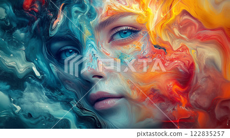 Woman's face is painted with a colorful swirl of paint. The colors are blue, red, and yellow. The painting gives the impression of a woman with a wild, free spirit 122835257