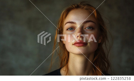 Woman with red hair and blue eyes is standing in front of a wall. She has a smile on her face and is looking straight ahead 122835258