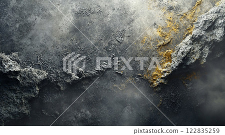 Rocky, gray surface with a yellow streak. The yellow streak is a contrast to the gray background 122835259
