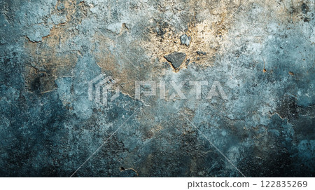 Wall with a blue and gold background. The wall is covered in cracks and has a rough texture Wall with a blue and gold background. The wall is covered in cracks and has a rough texture 122835269